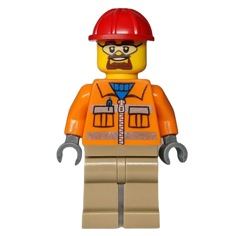 Ouvrier de chantier, veste orange avec fermeture à glissière et bandes réfléchissantes, jambes beige foncé, casque de chantier rouge, bouc et lunettes de sécurité (Construction Worker, Orange Jacket with Zipper and Reflective Stripes, Dark Tan Legs, Red Hard Hat, Goatee Beard and Safety Glasses)