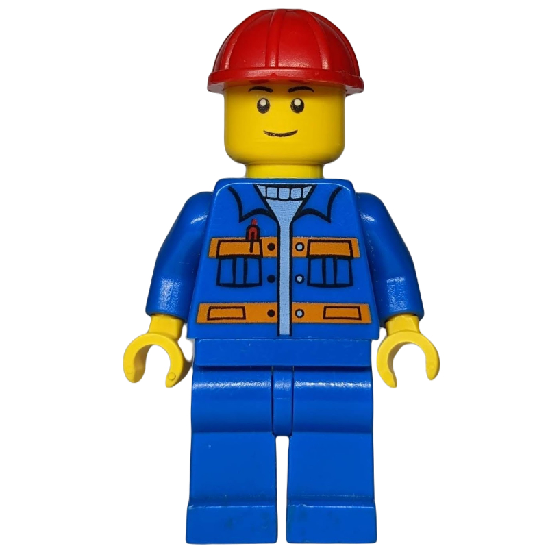 Travailleur de la construction, veste bleue avec des rayures orange, jambes bleues, casque de chantier rouge (Construction Worker, Blue Jacket with Orange Stripes, Blue Legs, Red Hard Hat)