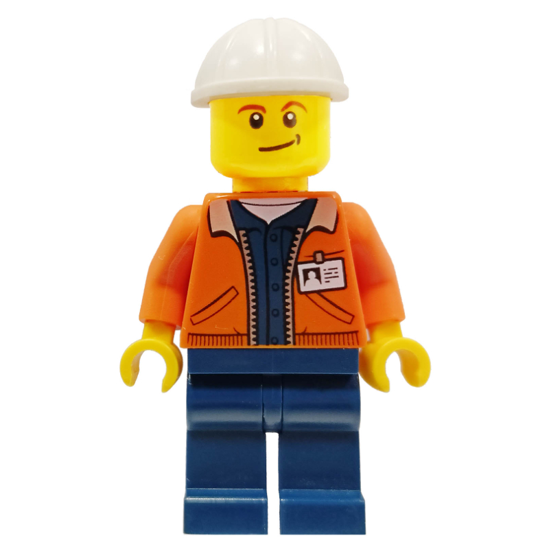 Mineur, veste orange ouverte avec badge id, casque de chantier blanc (Miner, Open Orange Jacket with ID Badge, White Hard Hat)