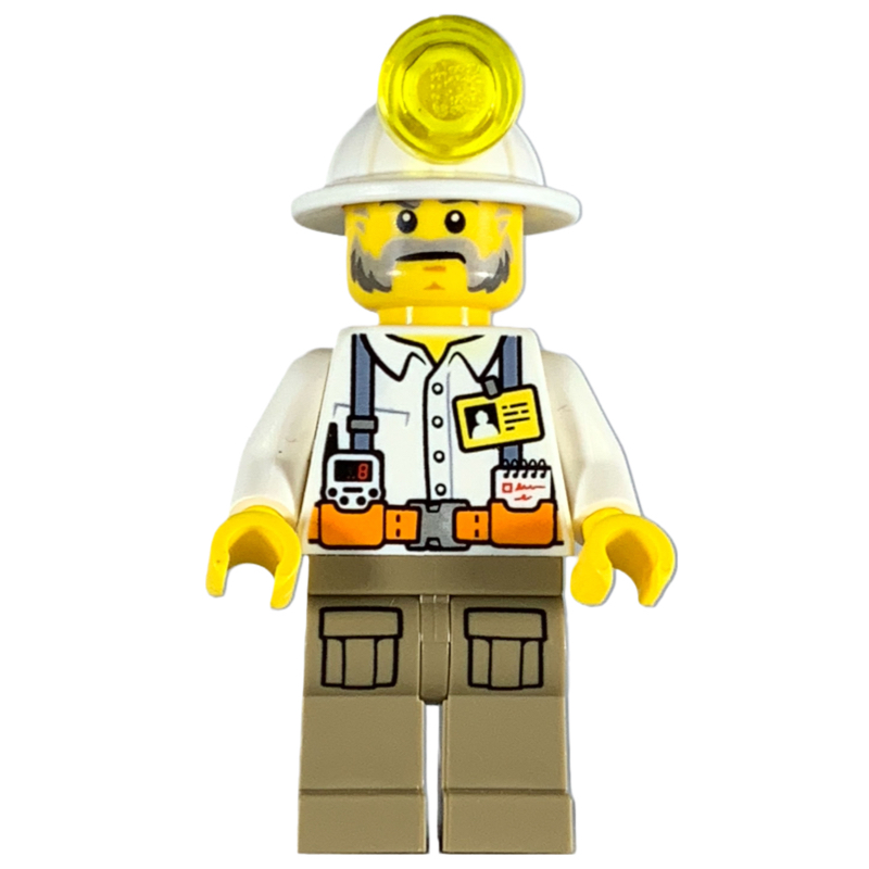 Mineur, chemise blanche avec sangles et badge d'identification, chapeau minier blanc, favoris épais et moustache (Miner, White Shirt with Straps and ID Badge, White Mining Hat, Mutton Chops and Moustache)