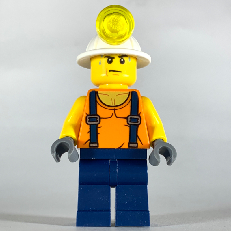 Mineur, gilet orange avec bretelles, chapeau minier, gouttes de sueur (Miner, Orange Vest with Suspenders, Mining Hat, Sweat Drops)