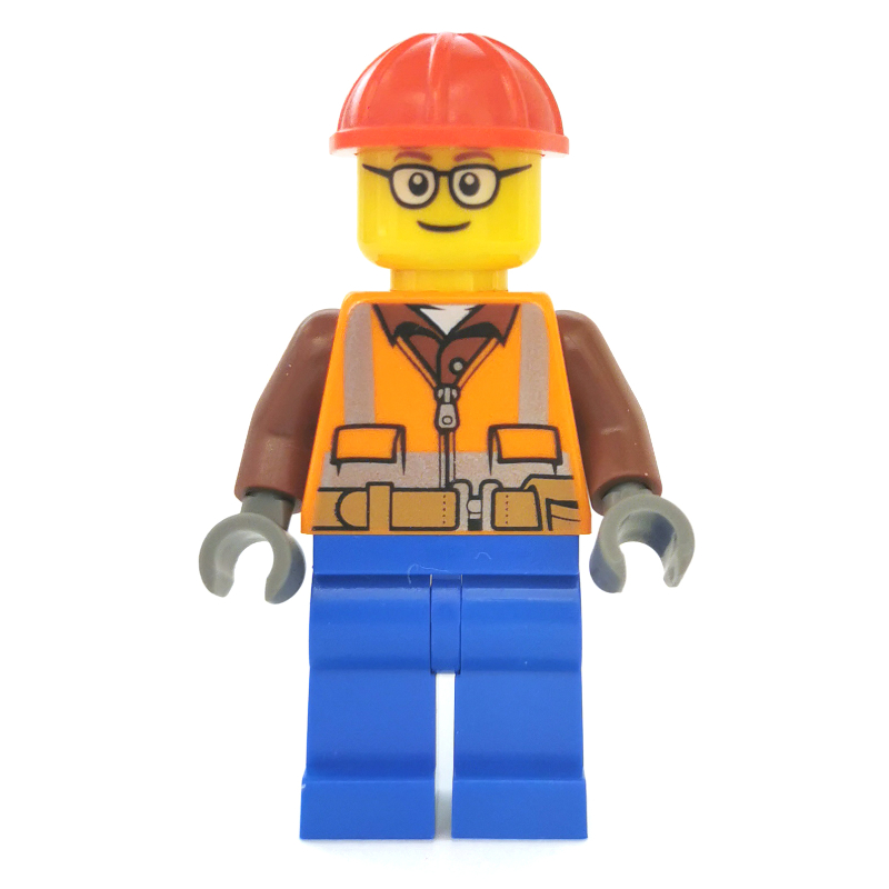 Ouvrier de chantier, gilet de sécurité orange avec fermeture éclair sur chemise brun rougeâtre, jambes bleues, casque de chantier rouge, lunettes (Construction Worker, Orange Safety Vest with Zipper over Reddish Brown Shirt, Blue Legs, Red Hard Hat, Glasses)