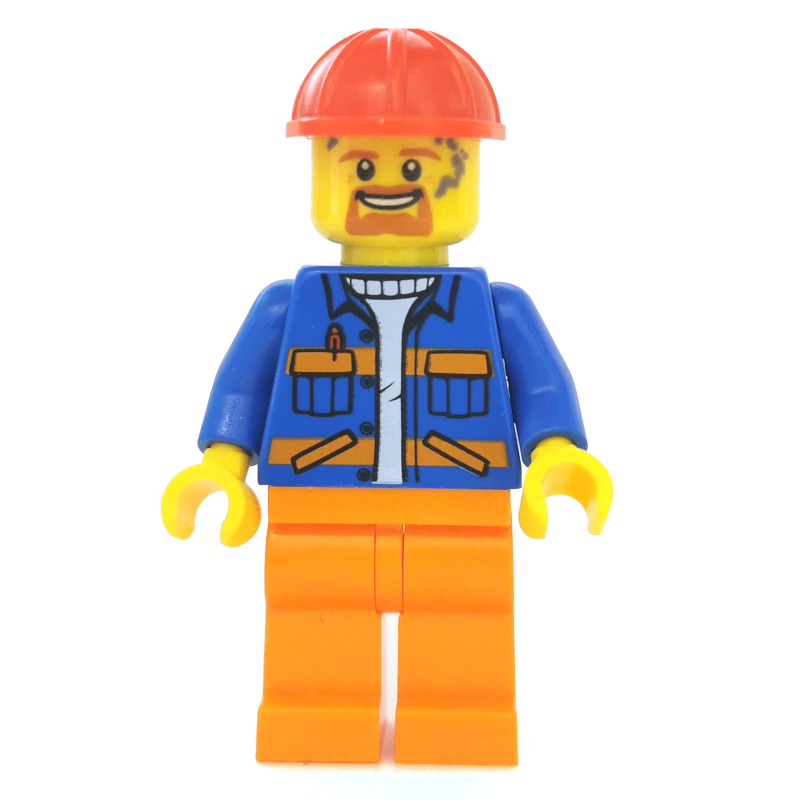 Ouvrier de chantier, veste bleue avec rayures orange, jambes orange, casque de chantier rouge, bouc et sale (Construction Worker, Blue Jacket with Orange Stripes, Orange Legs, Red Hard Hat, Goatee Beard and Dirty)