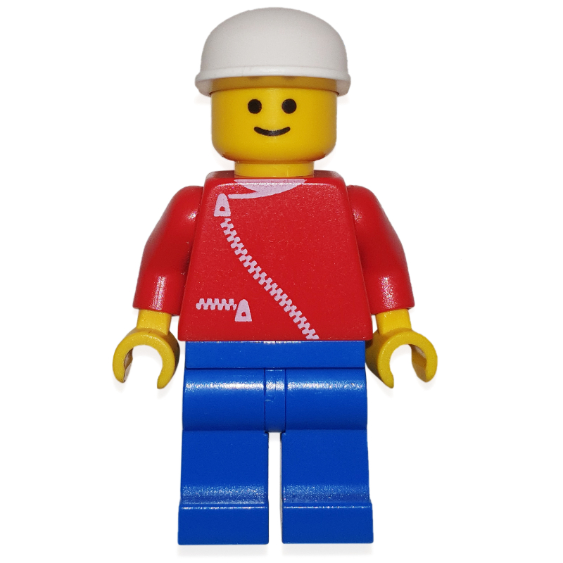 Homme, veste rouge avec fermeture éclair et poches, jambes bleues, casquette blanche (Man, Red Jacket with Zipper and Pockets, Blue Legs, White Cap)
