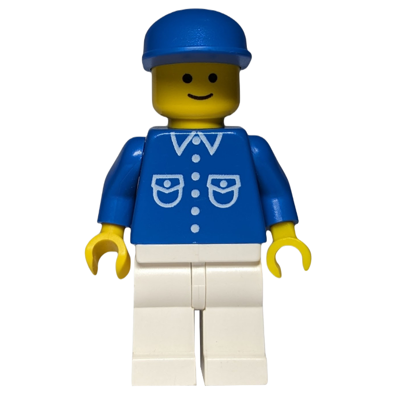 Homme, chemise bleue avec boutons et poches, jambes blanches, casquette bleue (Man, Blue Shirt with Buttons and Pockets, White Legs, Blue Cap)