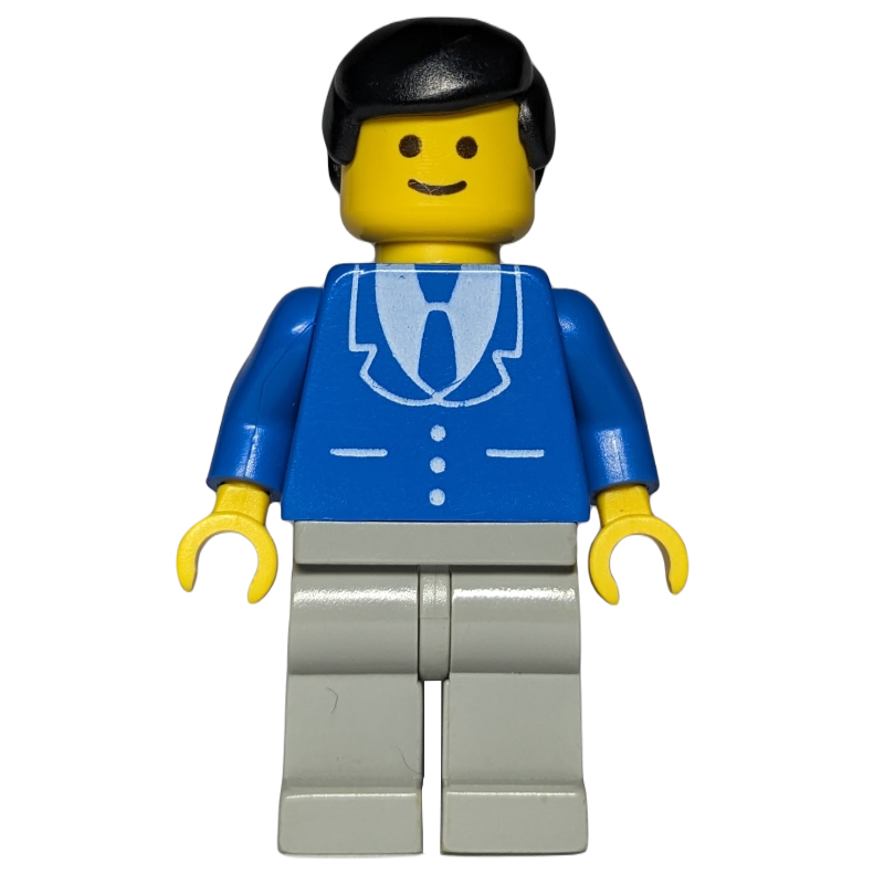 Homme, veste bleue avec cravate et trois boutons, jambes gris clair, cheveux noirs (Man, Blue Jacket with Tie and Three Buttons, Light Gray Legs, Black Hair)