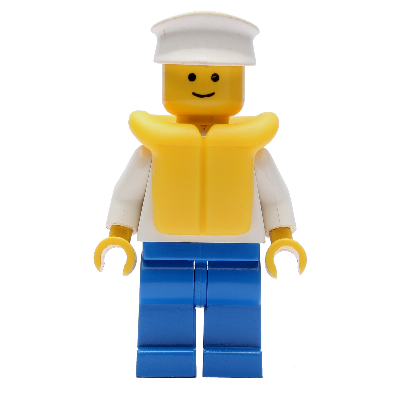 Torse blanc avec ancre, jambes bleues, chapeau blanc, gilet de sauvetage (White Torso with Anchor, Blue Legs, White Hat, Life Vest)