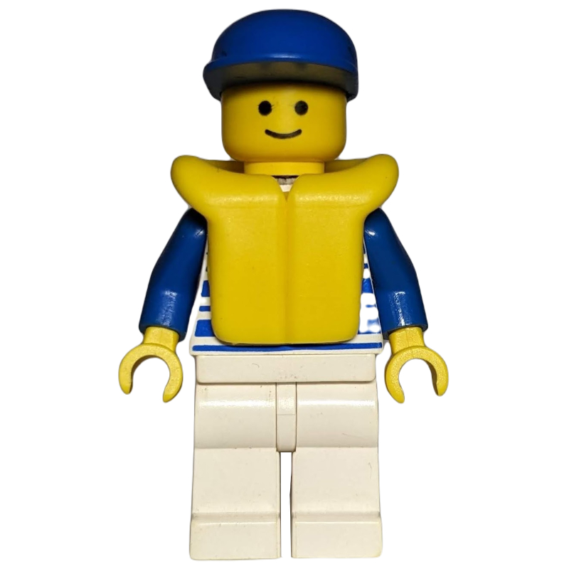 Torse rayé blanc/bleu, jambes blanches, casquette bleue, gilet de sauvetage (White/Blue Striped Torso, White Legs, Blue Cap, Life Vest)