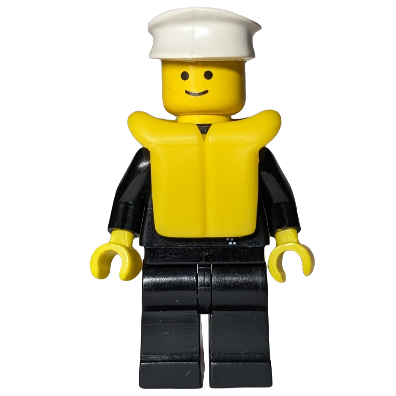 Policier avec veste de fermeture éclair, chapeau blanc, gilet de sauvetage (Policeman with Zipper Jacket, White Hat, Life Vest)