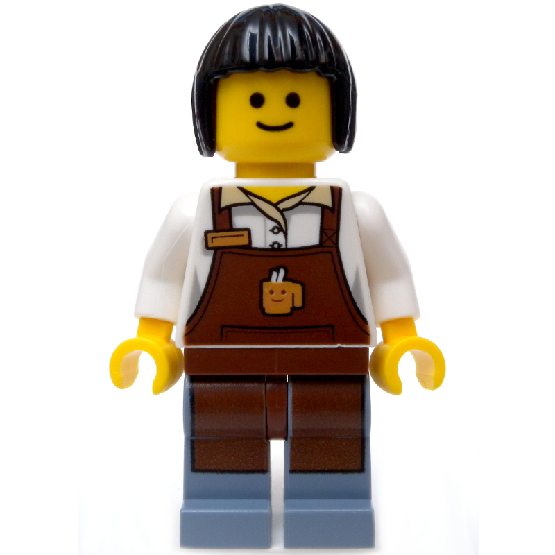 Barista, torse blanc, tablier brun rougeâtre, jambes bleu sable, ombres latérales gris foncé (Barista, White Torso, Reddish Brown Apron, Sand Blue Legs, Dark Gray Side Shadows)