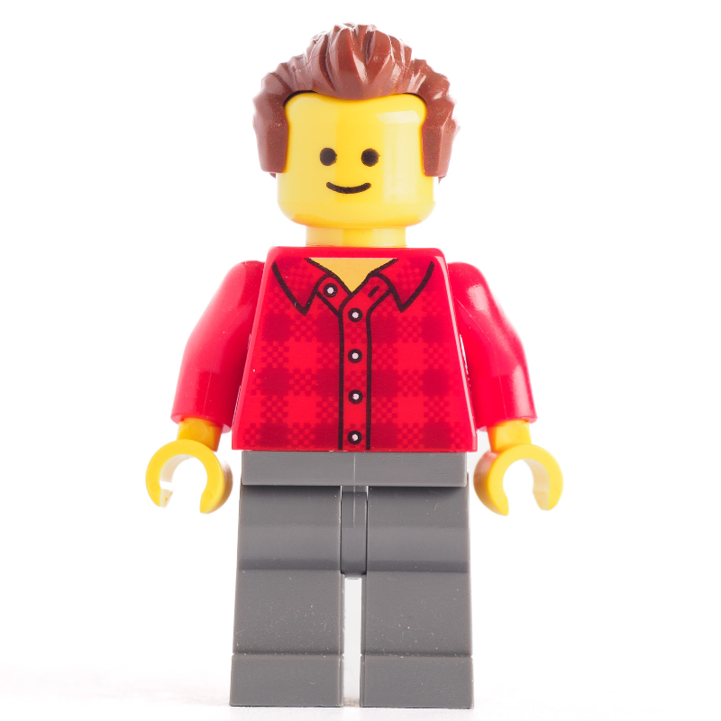 Plaid torse rouge, jambes gris bleuté foncé, cheveux brun rougeâtre (Red Torso Plaid, Dark Bluish Grey Legs, Reddish Brown Hair)