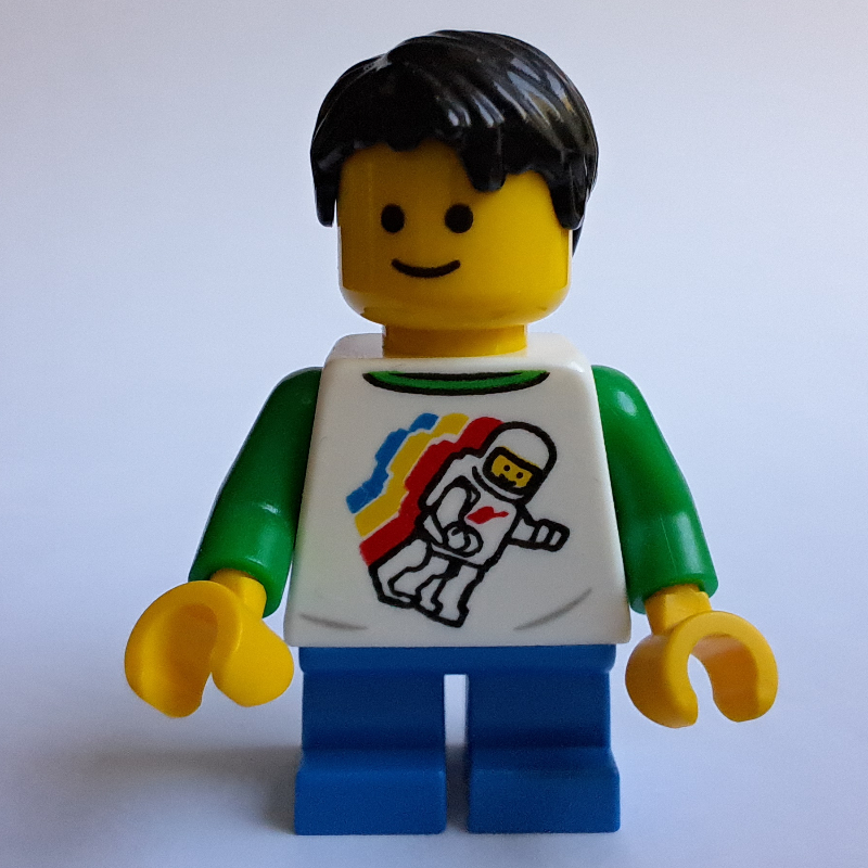 Torse blanc avec figurine de l'espace, jambes bleues, cheveux noirs (White Torso with Space Figure, Blue Legs, Black Hair)