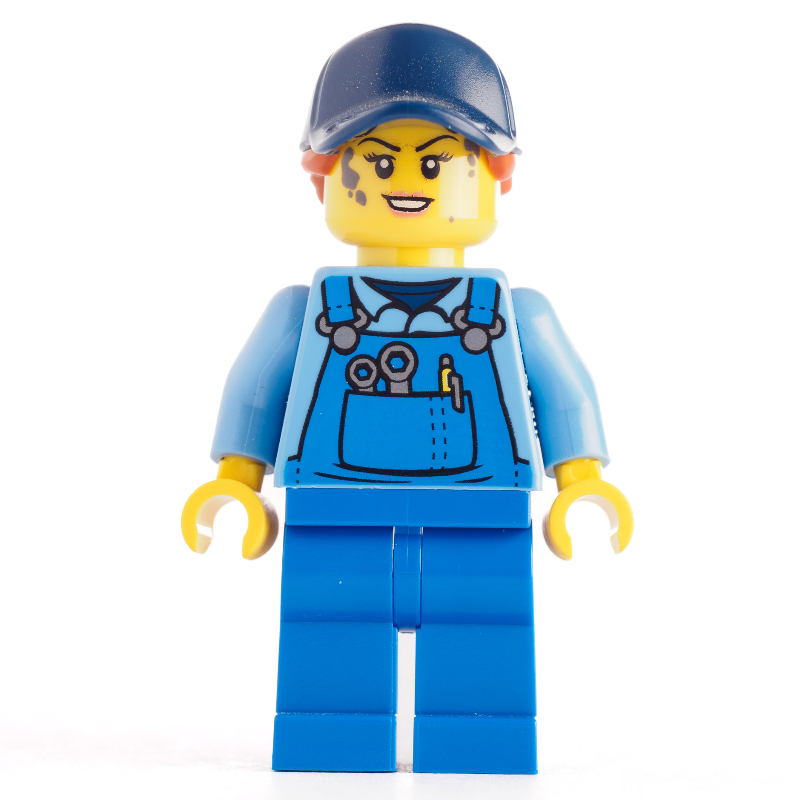 Mécanicien, torse bleu moyen, salopette bleue, casquette blu avec cheveux (Mechanic, Medium Blue Torso, Blue Overall, Blu Cap with Hair)