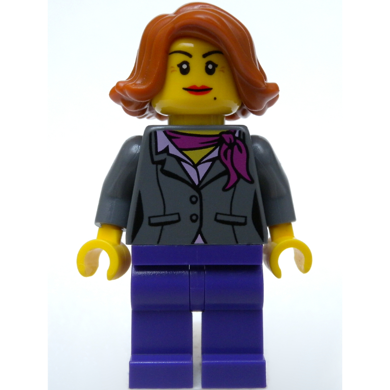 Torse gris bleuté foncé, veste, jambes violet foncé, cheveux orange foncé (Dark Bluish grey Torso, Jacket, Dark Purple Legs, Dark Orange Hair)