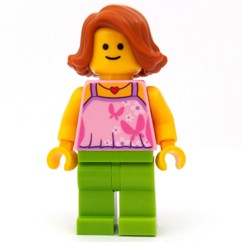 Torse rose vif, pattes de vert citron, cheveux orange foncé (Bright Pink Torso, Lime Legs, Dark Orange Hair)