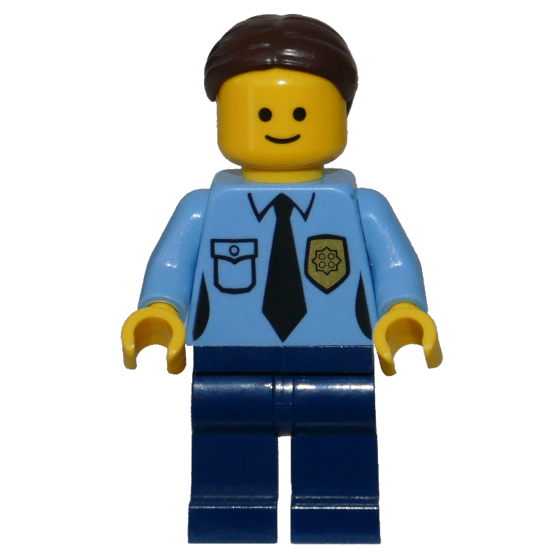Police, torse bleu moyen, jambes bleu foncé, cheveux brun foncé (Police, Medium Blue Torso, Dark Blue Legs, Dark Brown Hair)