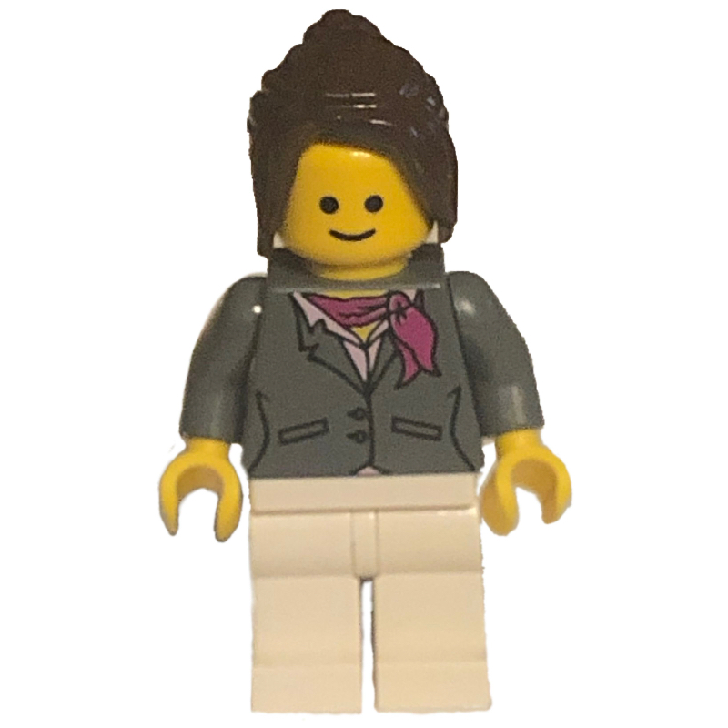 Torse gris bleuté foncé, jambes blanches, cheveux brun foncé (Dark Bluish Grey Torso, White Legs, Dark Brown Hair)