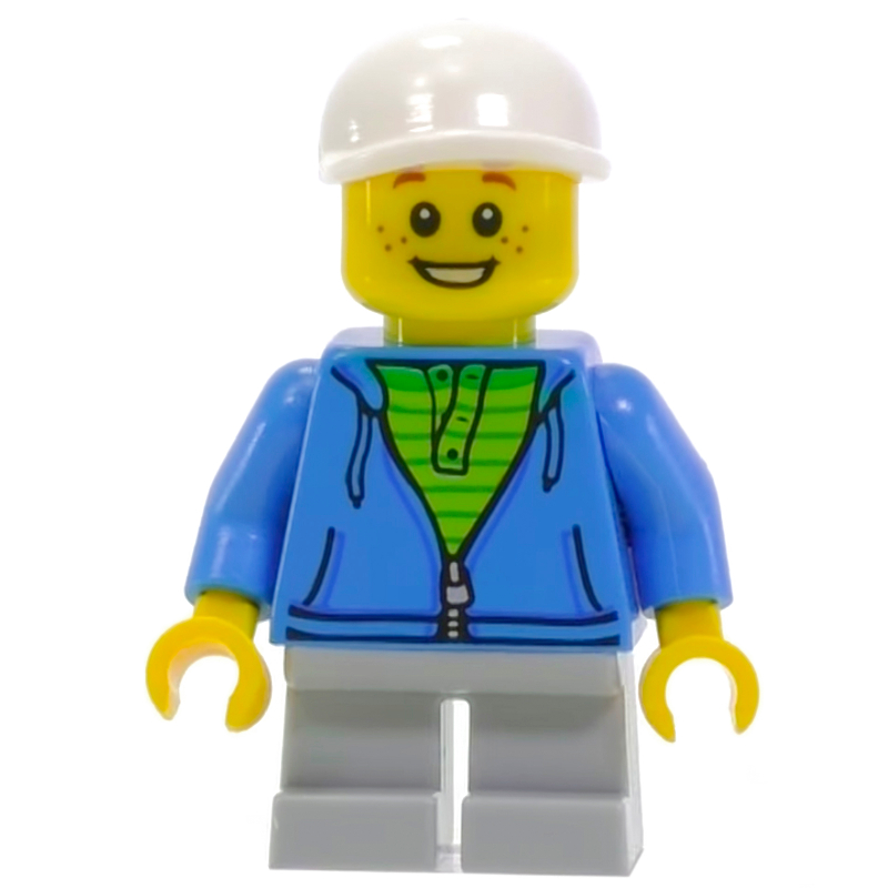 Enfant, torse azur foncé, jambes gris bleuté clair, casquette blanche (Kid, Dark Azure Torso, Light Bluish Grey Legs, White Cap)