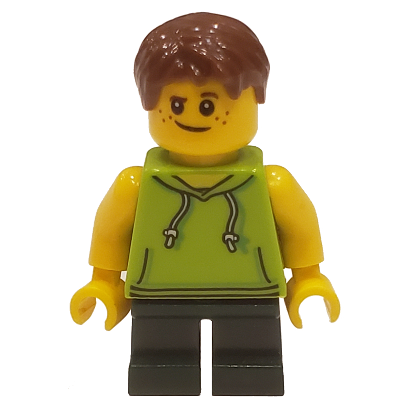 Enfant, torse vert citron, jambes vert foncé, cheveux brun foncé (Kid, Lime Torso, Dark Green Legs, Dark Brown Hair)