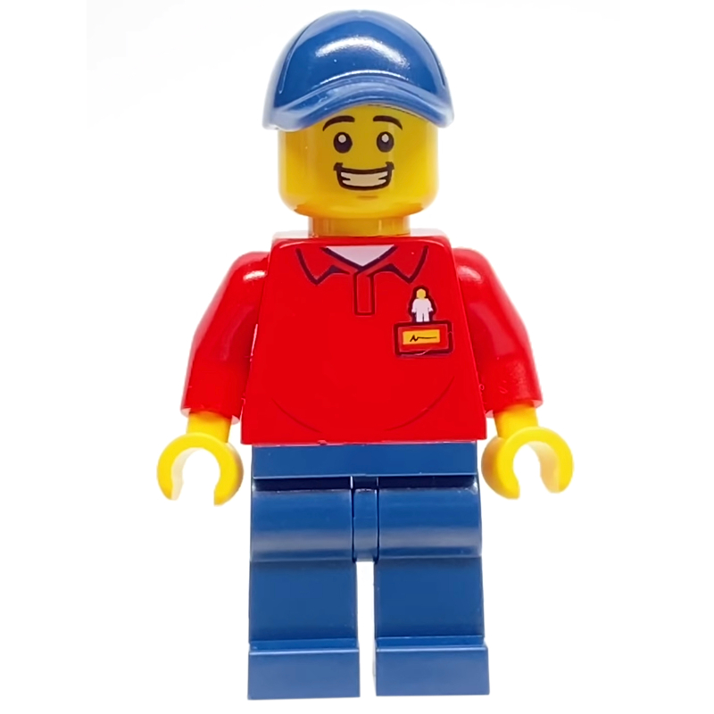 LEGOLAND employé, torse rouge, jambes bleu foncé, casquette bleu foncé (LEGOLAND Employee, Red Torso, Dark Blue Legs, Dark Blue Cap)