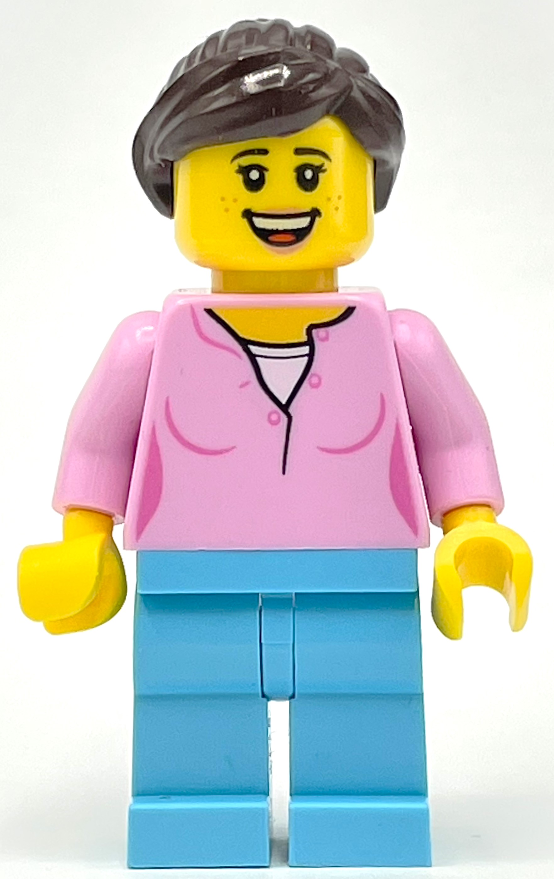Torse rose vif, jambes azur moyen, cheveux brun foncé (Bright Pink Torso, Medium Azure Legs, Dark Brown Hair)