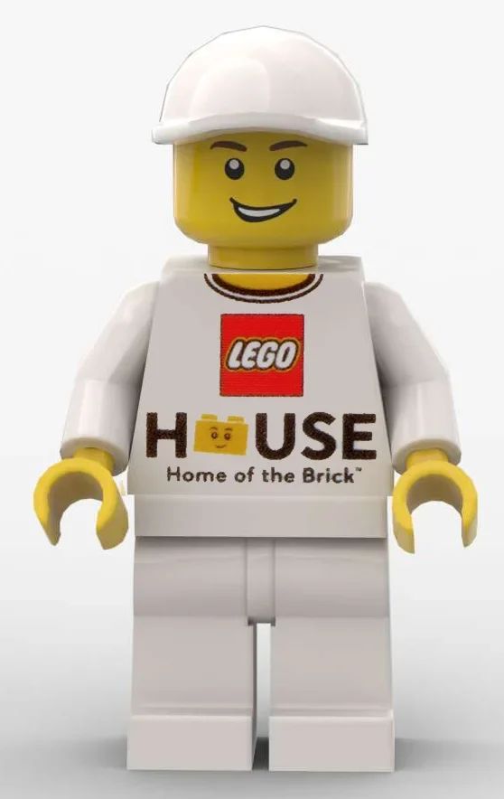 Homme, maison LEGO 'maison de la brique', jambes blanches, casquette blanche (Man, LEGO House 'Home of the Brick', White Legs, White Cap)