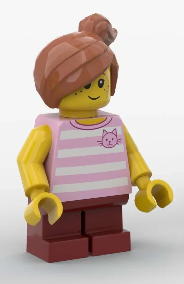 Enfant, torse rose vif, jambes rouge foncé, cheveux orange foncé (Kid, Bright Pink Torso, Dark Red Legs, Dark Orange Hair)