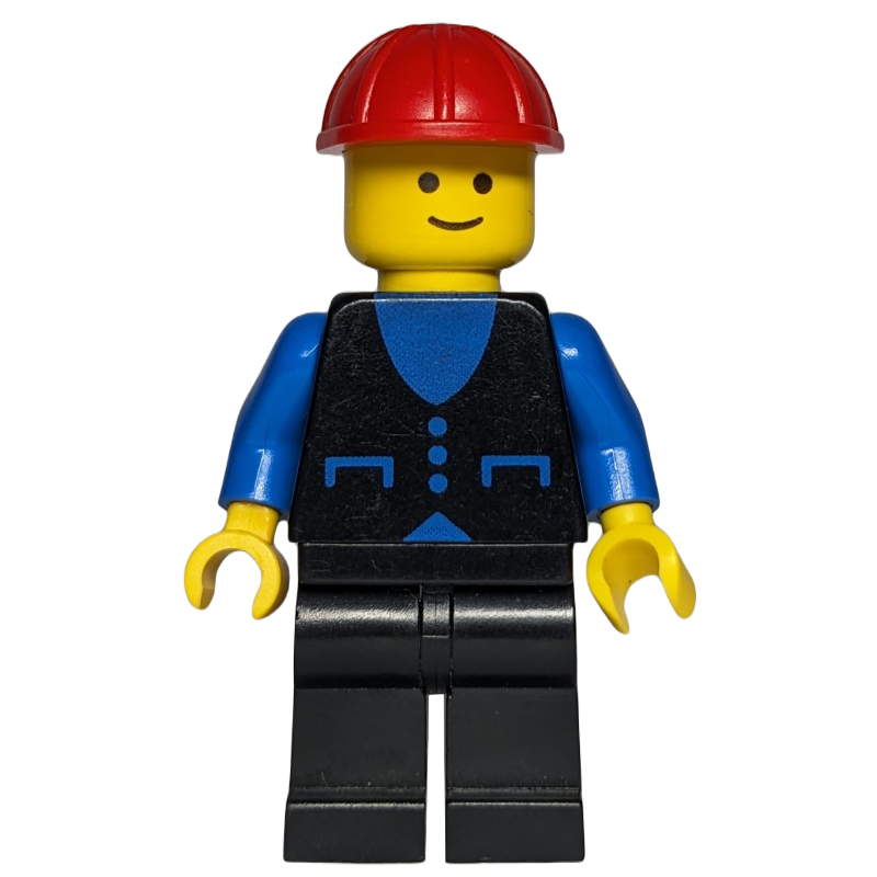 Homme, gilet noir sur chemise bleue, jambes noires, casque de chantier rouge (Man, Black Vest over Blue Shirt, Black Legs, Red Hard Hat)