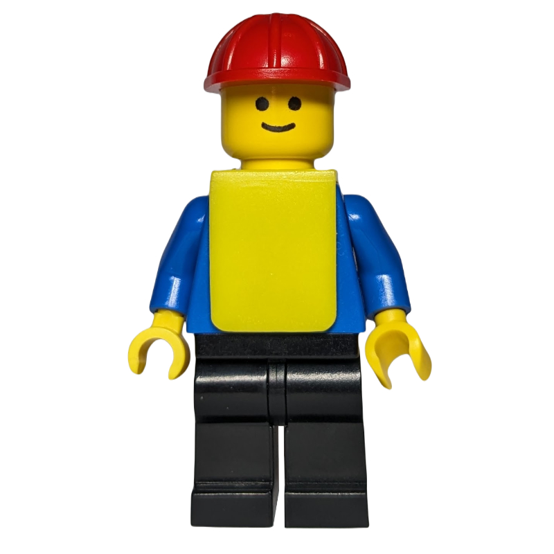 Ouvrier de chantier, chemise bleue avec poches et boutons, jambes noires, casque de chantier rouge, gilet jaune (Construction Worker, Blue Shirt with Pockets and Buttons, Black Legs, Red Hard Hat, Yellow Vest)