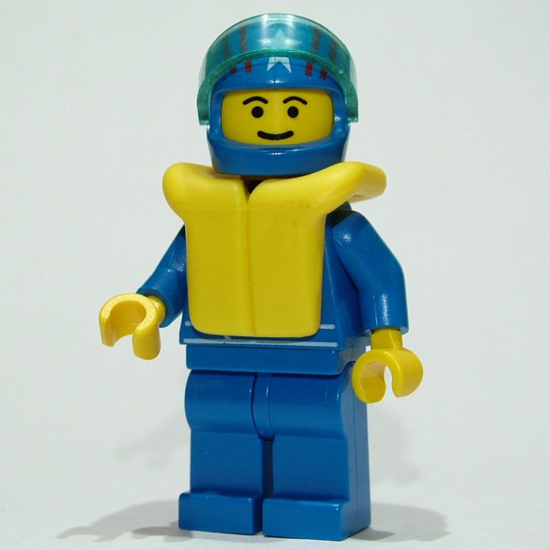Pilote de course, veste bleue avec logo Octan, jambes bleues, casque bleu avec étoiles et visière, gilet de sauvetage jaune (Racer, Blue Jacket with Octan Logo, Blue Legs, Blue Helmet with Stars and Visor, Yellow Life Vest)