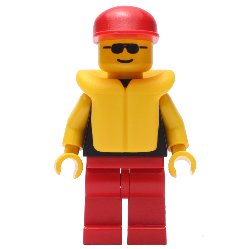 Homme, torse noir avec bras jaunes, jambes rouges, casquette rouge, gilet de sauvetage jaune, lunettes de soleil (Man, Black Torso with Yellow Arms, Red Legs, Red Cap, Yellow Life Vest, Sunglasses)