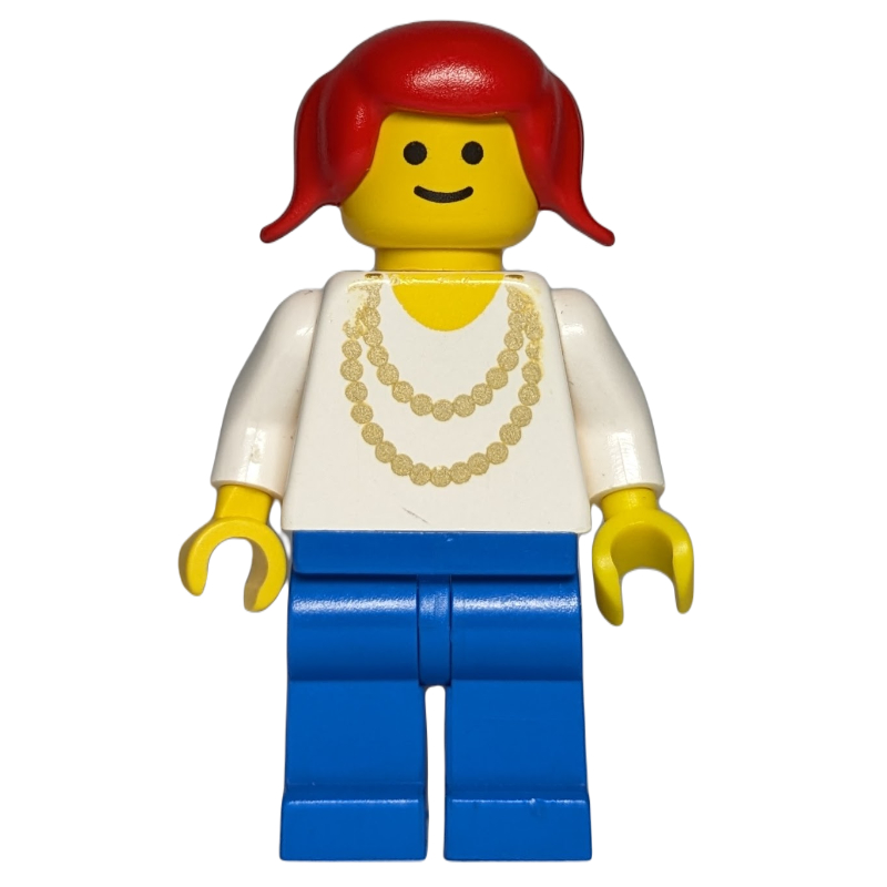 Femme, haut blanc avec collier jaune, jambes bleues, cheveux rouges (Woman, White Top with Yellow Necklace, Blue Legs, Red Hair)