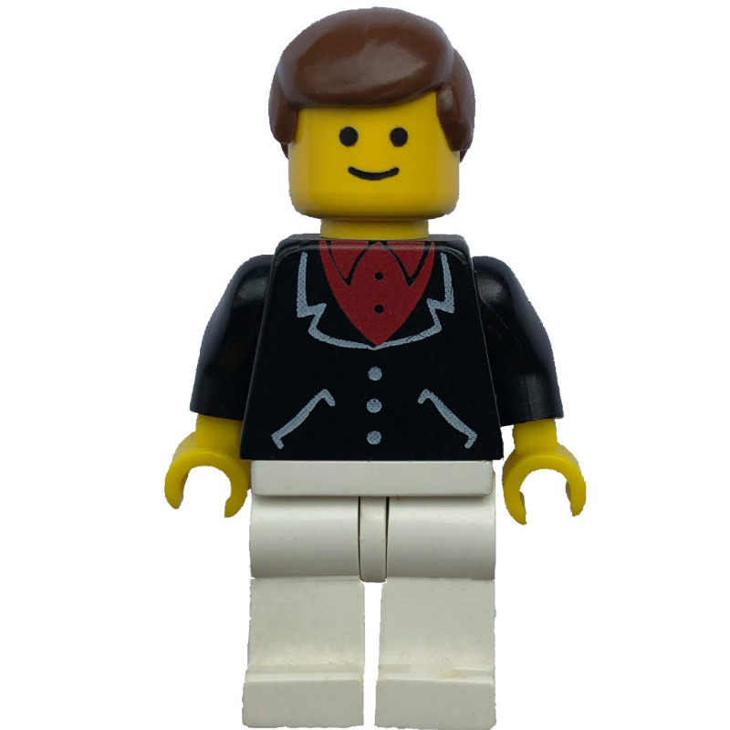 Homme, veste noire sur chemise rouge, jambes blanches, cheveux bruns (Man, Black Jacket over Red Shirt, White Legs, Brown Hair)