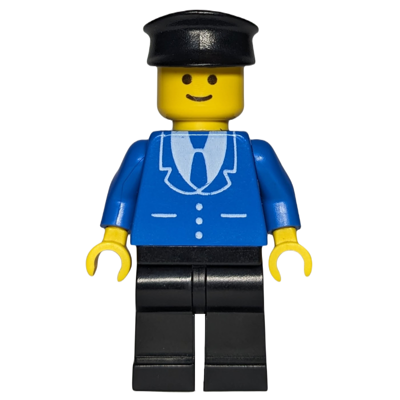 Homme, veste bleue avec cravate et trois boutons, jambes noires, chapeau noir (Man, Blue Jacket with Tie and Three Buttons, Black Legs, Black Hat)