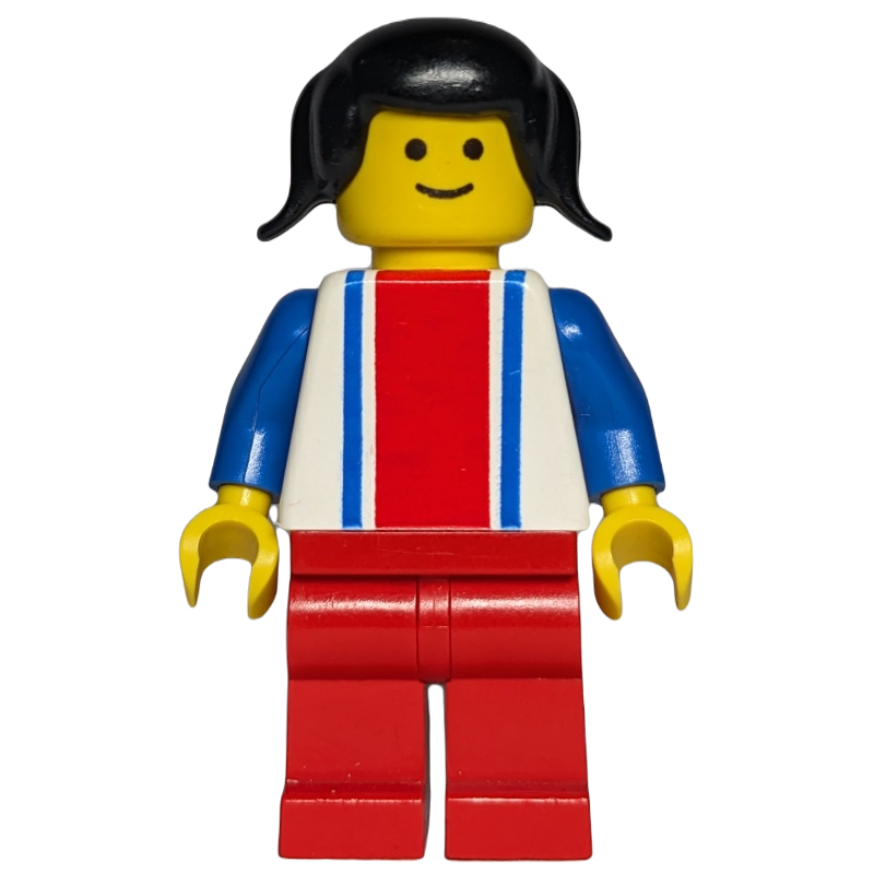 Femme, haut blanc avec grande bande rouge et 2 rayures bleues, jambes rouges, cheveux noirs (Woman, White Top with Large Red Stripe and 2 Blue Stripes, Red Legs, Black Hair)