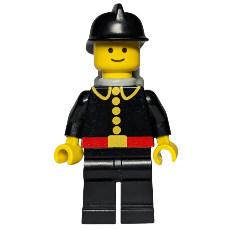 Pompier, classique, veste de pompier noire avec ceinture rouge et boutons, casque noir, bouteilles d’air (Fireman, Classic, Black Fire Jacket with Red Belt and Buttons, Black Helmet, Airtanks)