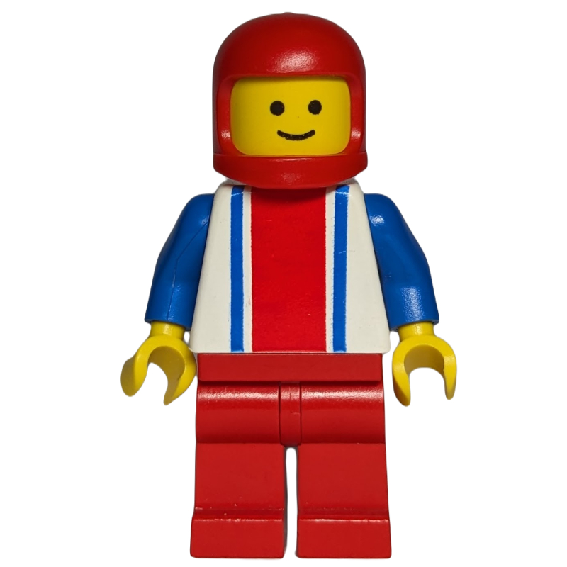 Homme, haut blanc avec grande bande rouge et 2 rayures bleues, jambes rouges, casque rouge (Man, White Top with Large Red Stripe and 2 Blue Stripes, Red Legs, Red Helmet)