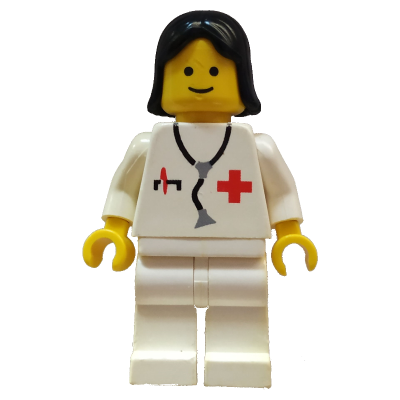 Médecin, femme, veste blanche avec croix rouge et stéthoscope, cheveux noirs (3626a tête) (Doctor, Woman, White Jacket with Red Cross and Stethoscope, Black Hair (3626a Head))