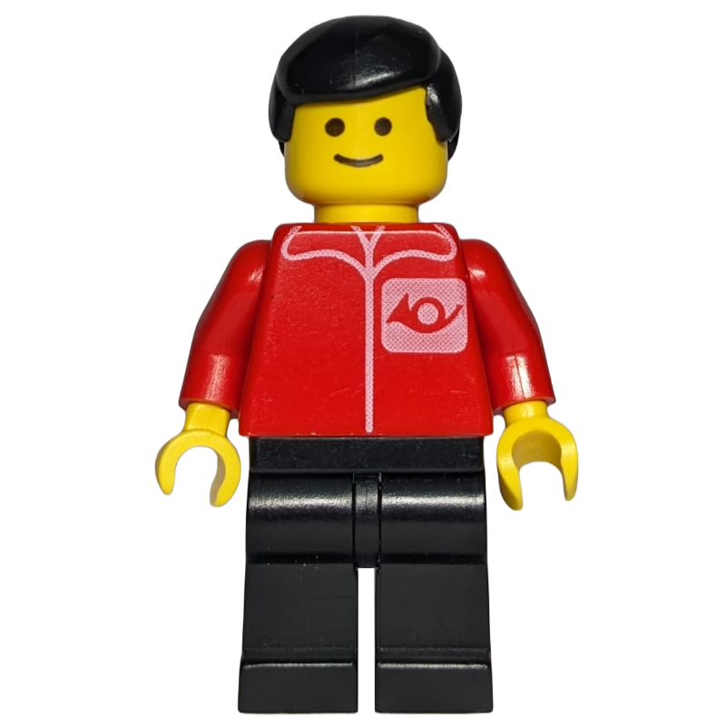 Postier, chemise rouge avec logo en corne, jambes noires, cheveux noirs (Postal Worker, Red Shirt with Horn Logo, Black Legs, Black Hair)