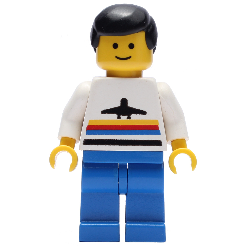 Homme, chemise blanche avec avion, jambes bleues, cheveux noirs (Man, White Shirt with Airplane, Blue Legs, Black Hair)