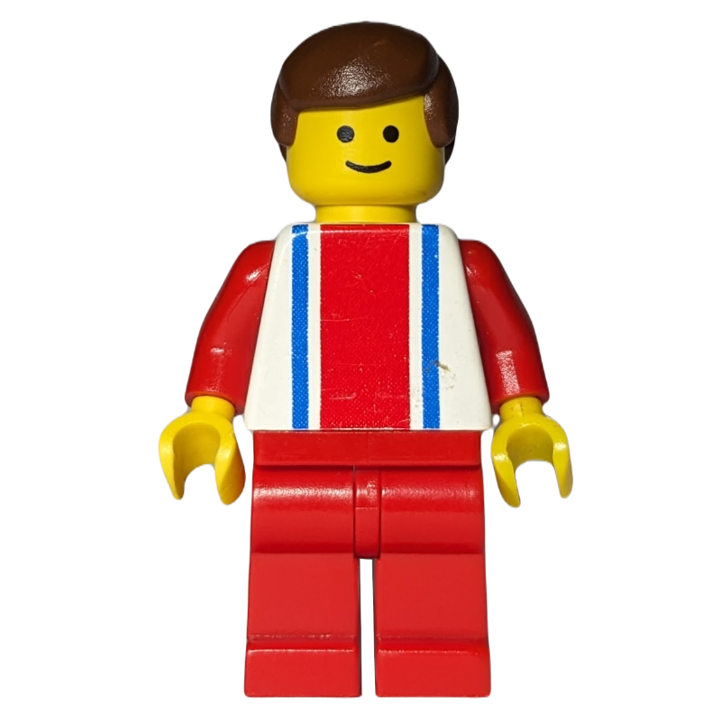Homme, haut blanc avec grande bande rouge et 2 rayures bleues, jambes rouges, cheveux bruns (3626b tête) (Man, White Top with Large Red Stripe and 2 Blue Stripes, Red Legs, Brown Hair (3626b Head))
