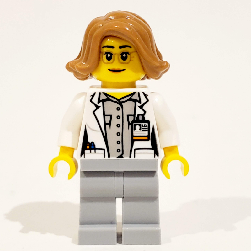 Scientifique - torse blanc, laboat, jambes gris bleuté clair, cheveux nougat moyen (Scientist - White Torso, Labcoat, Light Bluish grey Legs, Medium Nougat Hair)