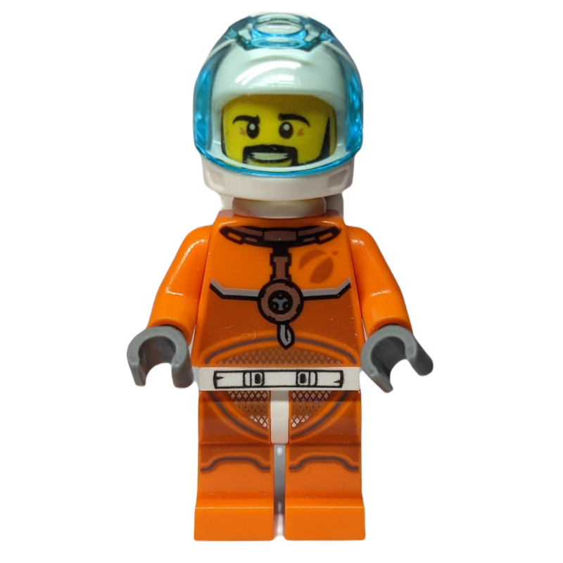 Astronaute - torse et jambes orange, casque blanc, visière bleu clair transparent, moustache (Astronaut - Orange Torso and Legs, White Helmet, Trans-Light Blue Visor, Moustache)