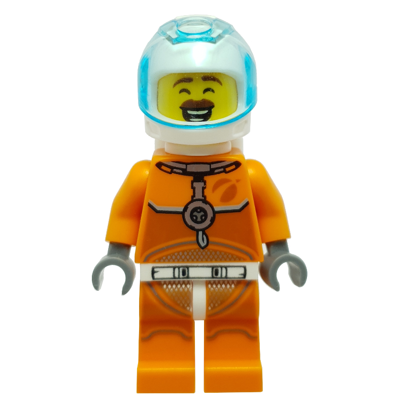 Astronaute - torse et jambes orange, casque blanc, visière bleu clair transparent, moustache brun rougeâtre (Astronaut - Orange Torso and Legs, White Helmet, Trans-Light Blue Visor, Reddish Brown Mustache)