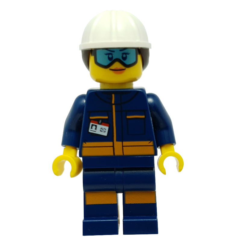 Technicien - torse bleu foncé, jambes bleu foncé, casque blanc, cheveux brun foncé (Technician - Dark Blue Torso, Dark Blue Legs, White Helmet, Dark Brown Hair)