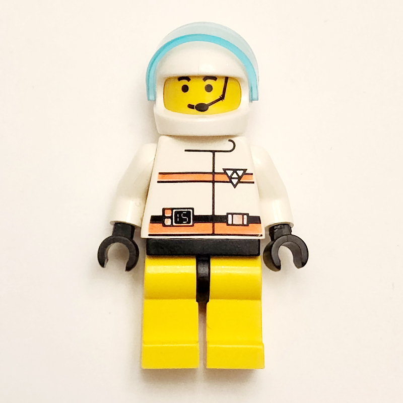 Res-Q homme, jambes jaunes, casque blanc avec visière, micro-casque (Res-Q Man, Yellow Legs, White Helmet with Visor, Headset)