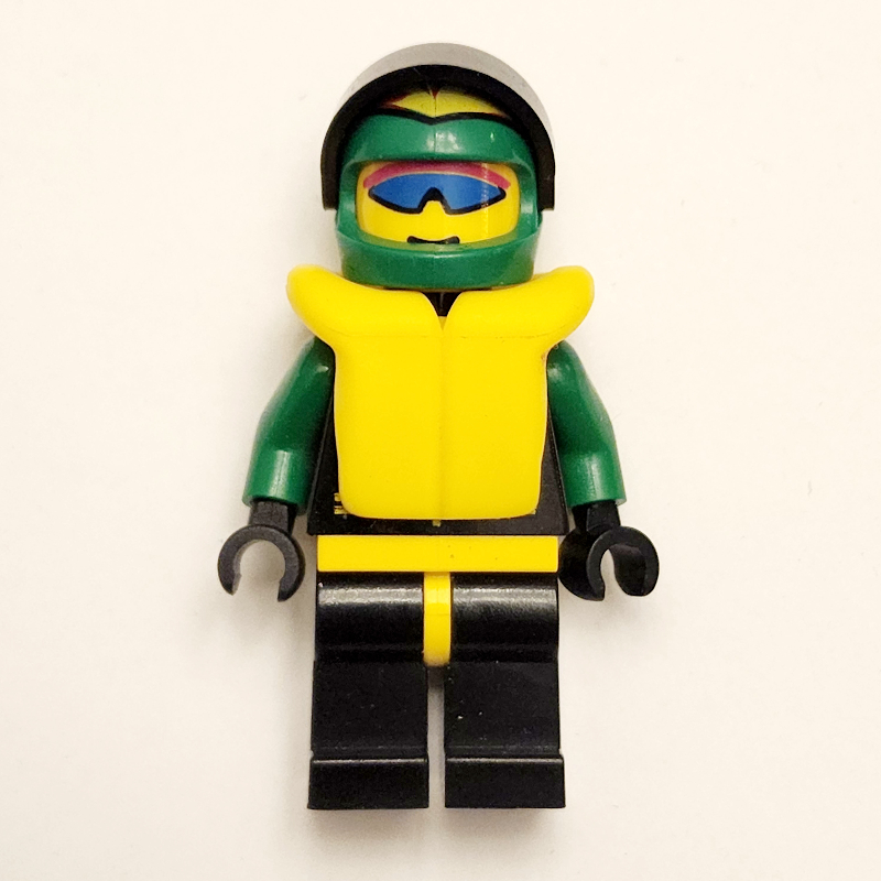 Pilote de course, Extreme Team, veste noire, jambes noires, casque vert avec visière, gilet de sauvetage jaune, lunettes de soleil bleues (Racer, Extreme Team, Black Jacket, Black Legs, Green Helmet with Visor, Yellow Life Vest, Blue Sunglasses)