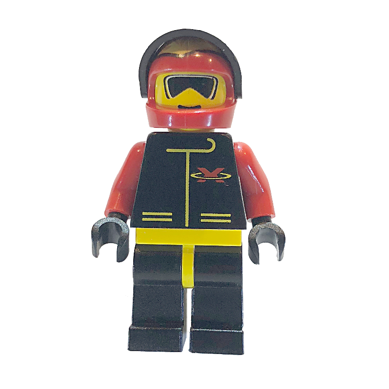 Pilote de course, Extreme Team, veste noire, casque rouge avec flammes et visière, lunettes de soleil (Racer, Extreme Team, Black Jacket, Red Helmet with Flames and Visor, Sunglasses)