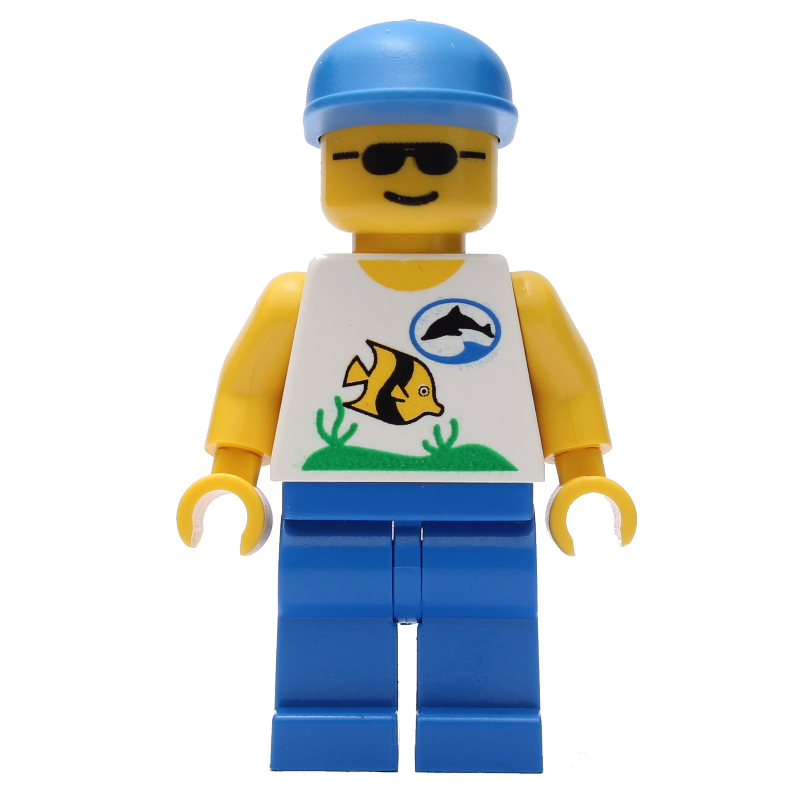Explorateur marin, chemise blanche avec des poissons, casquette bleue, lunettes de soleil (Marine Explorer, White Shirt with Fish, Blue Cap, Sunglasses)