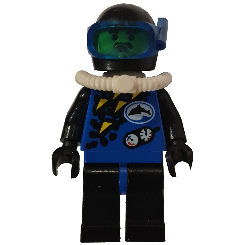 Plongeur, homme, combinaison bleue, casque noir avec masque, bouteille d’air, moustache (Diver, Man, Blue Wetsuit, Black Helmet with Mask, Airtank, Moustache)